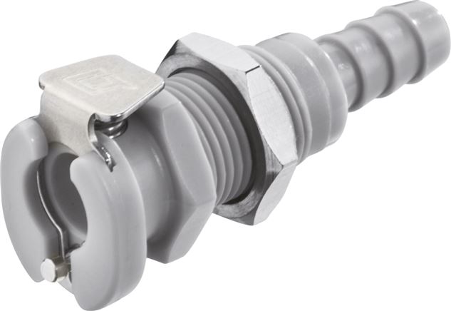 Exemplary representation: Coupling socket with grommet & bulkhead thread, polypropylene, grey